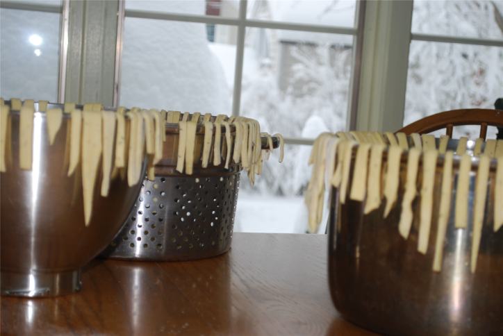 Noodles drying on pans