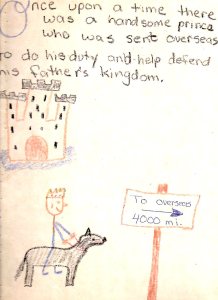 Drawing of a prince on a horse near a sign that says "Overseas 4000 mi"