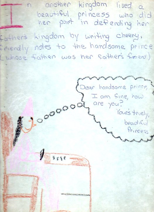 Princess writing at a desk with the thought balloon "Dear Handsome Prince, I am find, how are you? Yours truly beautiful princess.