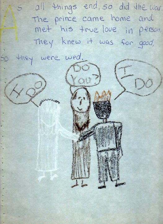 Drawing of the prince and princess getting married by a minister.