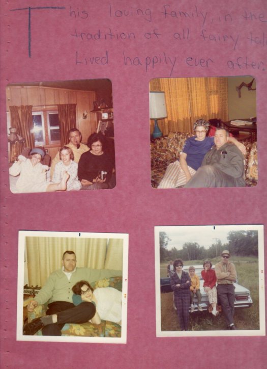 Four photographs. 1. The family in Chetek. Dona is posing in a silly manner with gloves and a winter hat, Kevin has long hair, Mom is smiling demurely and Dad is smoking a pipe with no smile. 2. Mom and dad -- mom is wearing curlers and has her hand around an unsmiling dad, 3) An unsmiling dad is sitting on a couch and mom has her head in his lap, 4) the family in front of a car, possibly in Chetek. Mom and dad are not smiling and have their arms crossed. Dona and Kevin are sitting on the hood of the car. Grandpa Green is in the back.
