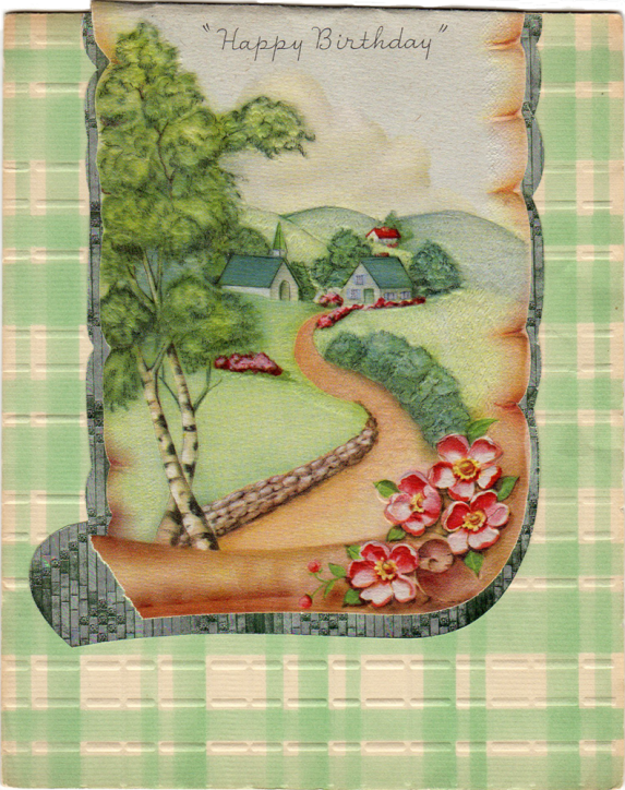 Green greeting card with rural scene and Happy Birthday written at the top