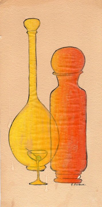 Two bottles, one orange and one yellow, and a martini.