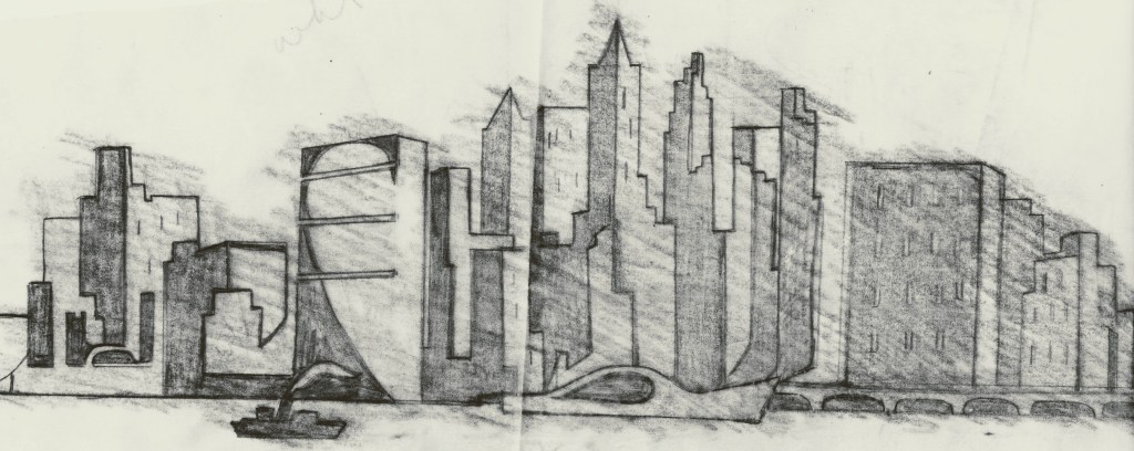 Real or imagined city skyline in charcoal or pencil. 
