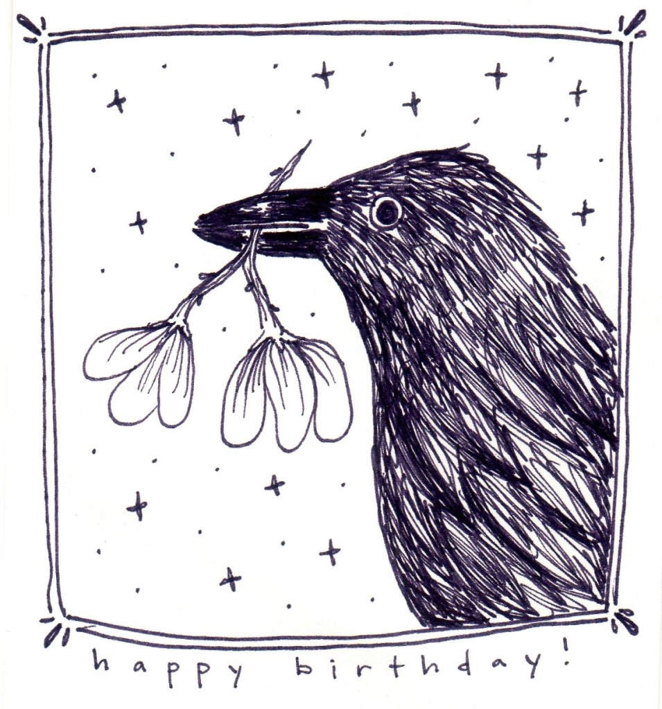 Black ink drawing of the profile of a crow with flowers in its beak.