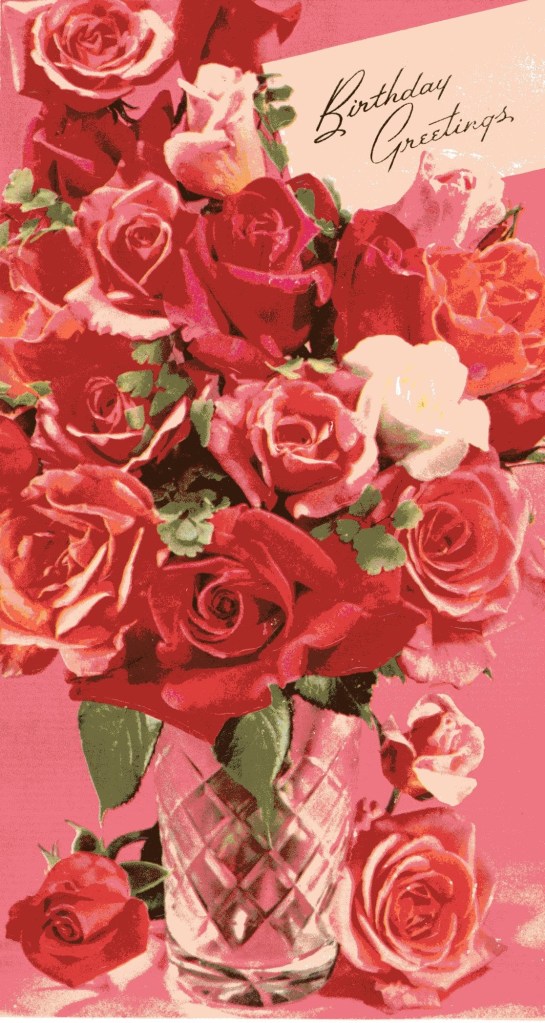 Birthday Greetings. Illustration of a bouquet of pink, red, and white roses