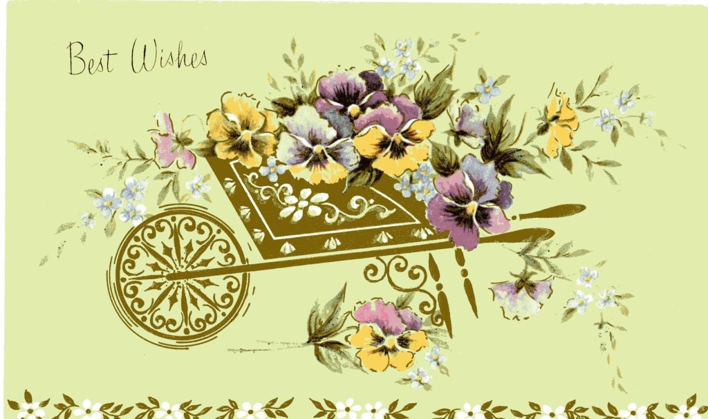 Best Wishes. Illustration of a cart of different colored pansies. 