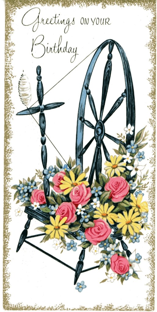 Greetings on your birthday. Illustration of a spinning wheel that's been turned into a planter.