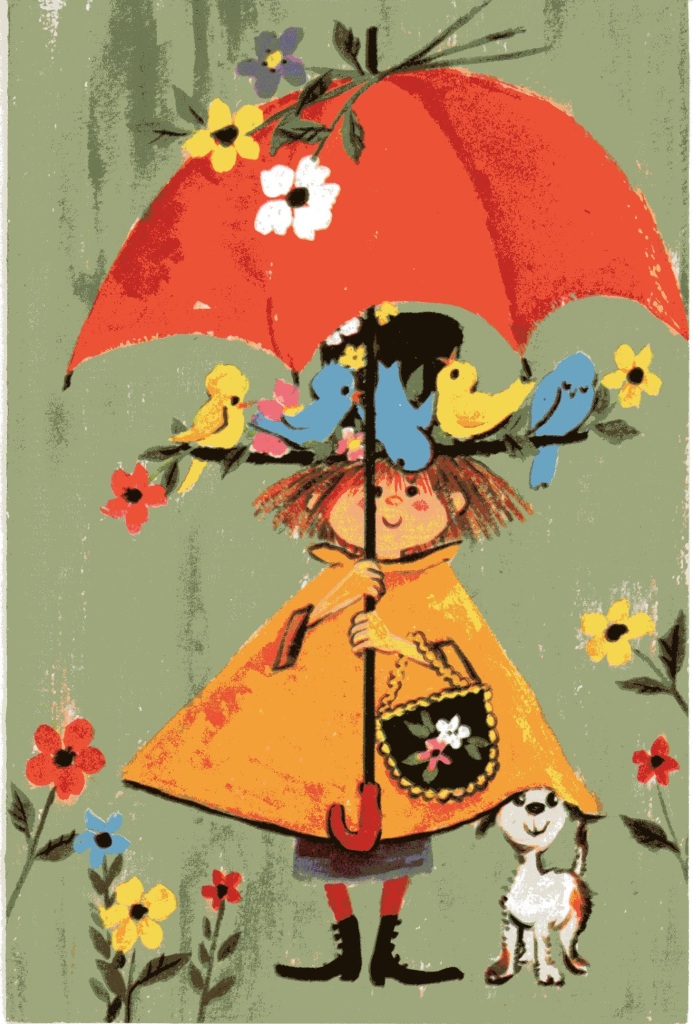 Color illustration of female holding an umbrella and wearing a hat on which birds have perched. A dog hides under her rain poncho.