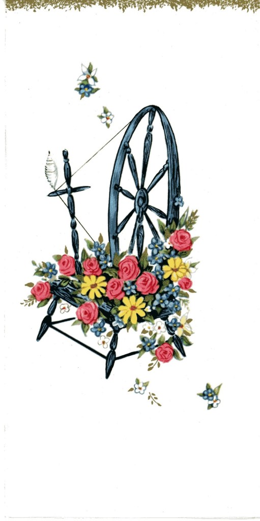 Illustration of a spinning wheel that's been turned into a planter.