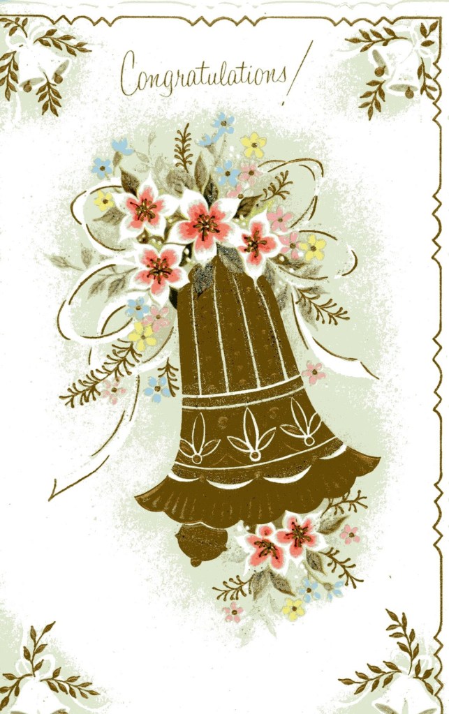 Congratulations! Illustration of a golden bell covered in red and white flowers.