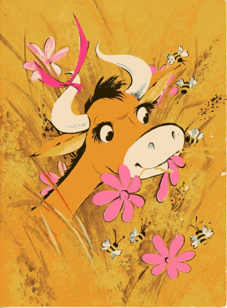 Color illustration of a cow eating flowers.