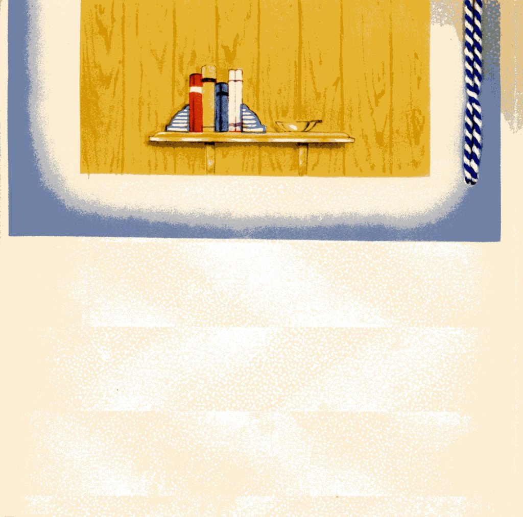 Illustration of a few books on a shelf along with a bowl